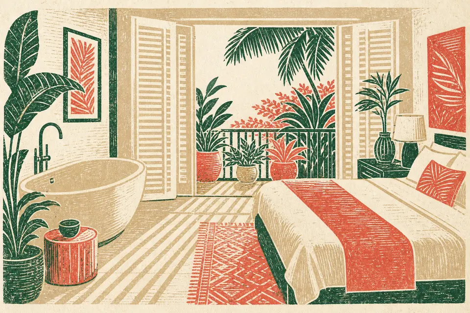 Illustration: a hotel room with white plantation shutters, a spa bath and a garden balcony