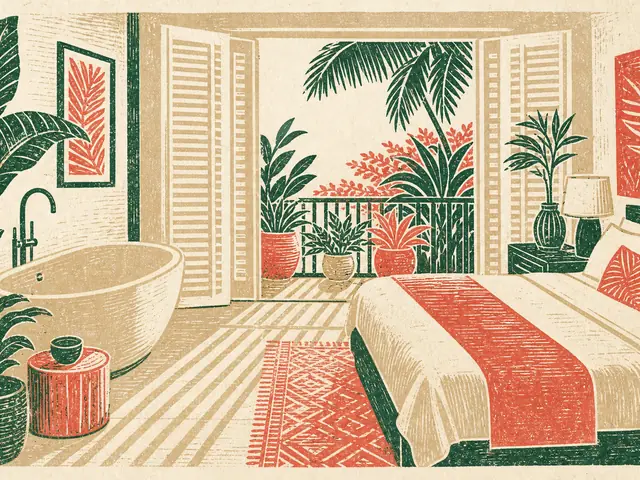 Illustration: a hotel room with plantation shutters, a spa bath and a garden balcony