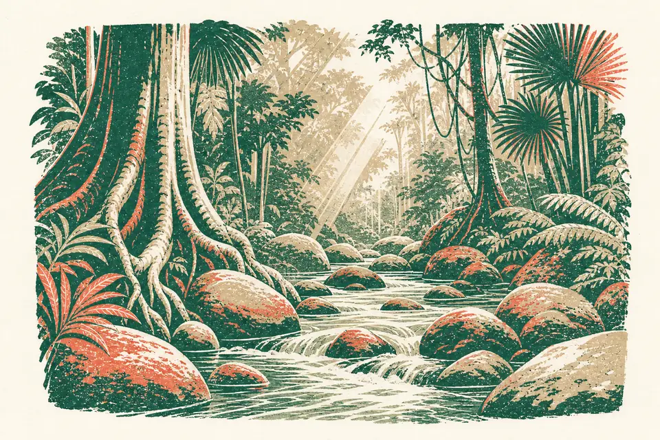 Illustration: a clear rainforest river over granite boulders between fan palms and buttress-root trees