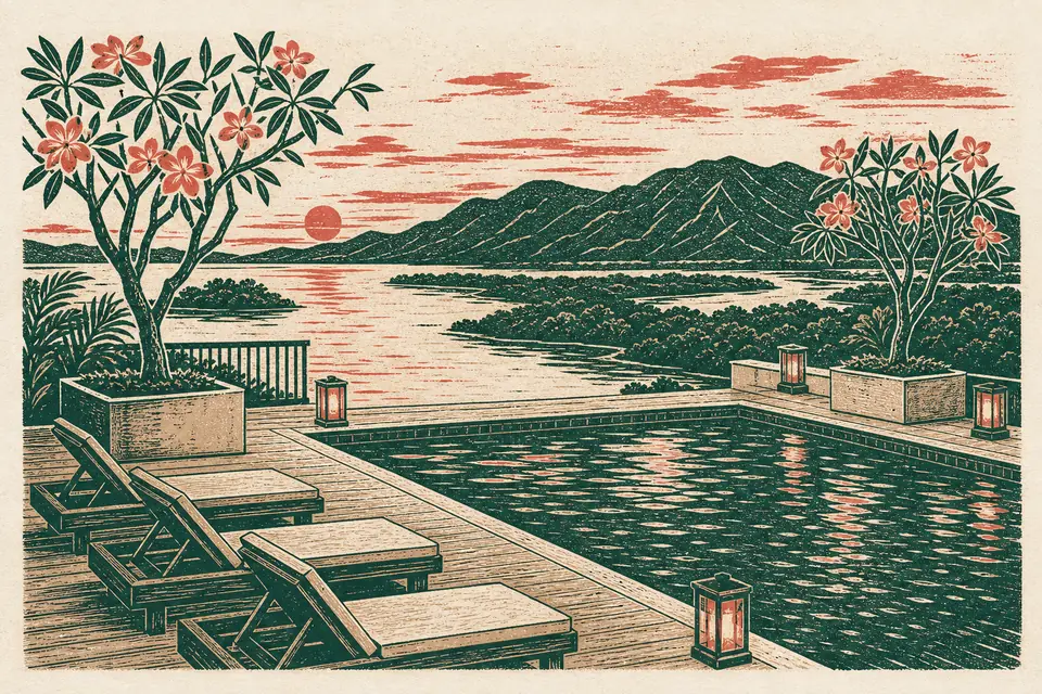 Illustration: a rooftop pool deck at dusk above an inlet and forested mountains