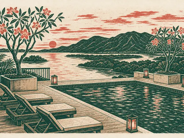 Illustration: a rooftop pool deck at dusk looking over an inlet and mountains