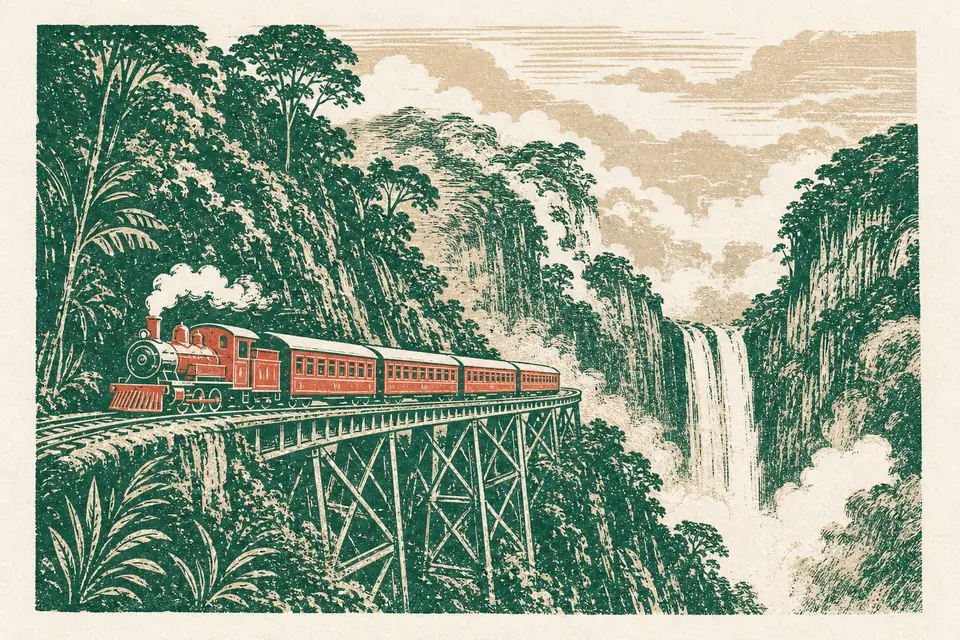 Illustration: a heritage train crossing a curved trestle bridge above a rainforest gorge with a waterfall