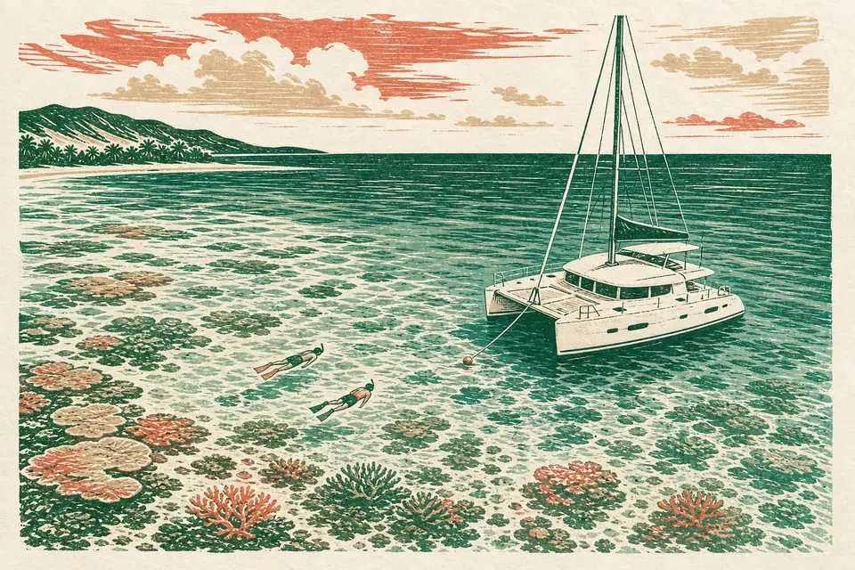 Illustration: catamaran at anchor over a shallow reef with snorkellers