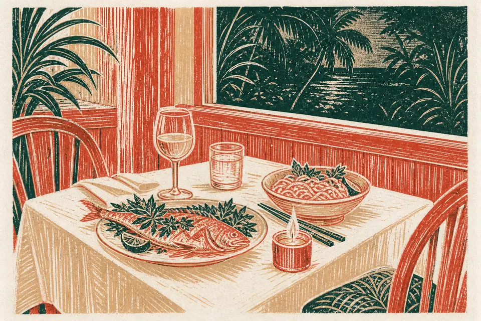 Illustration: a candle-lit dinner table with grilled reef fish and noodles, timber panelling behind