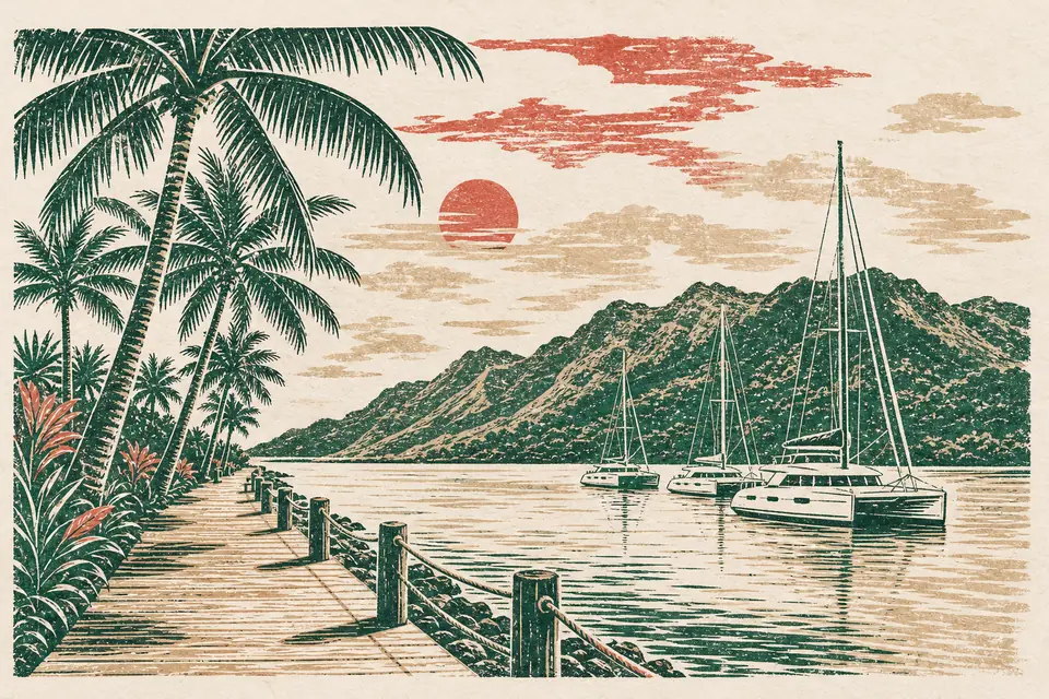 Illustration: waterfront boardwalk with palms and moored catamarans